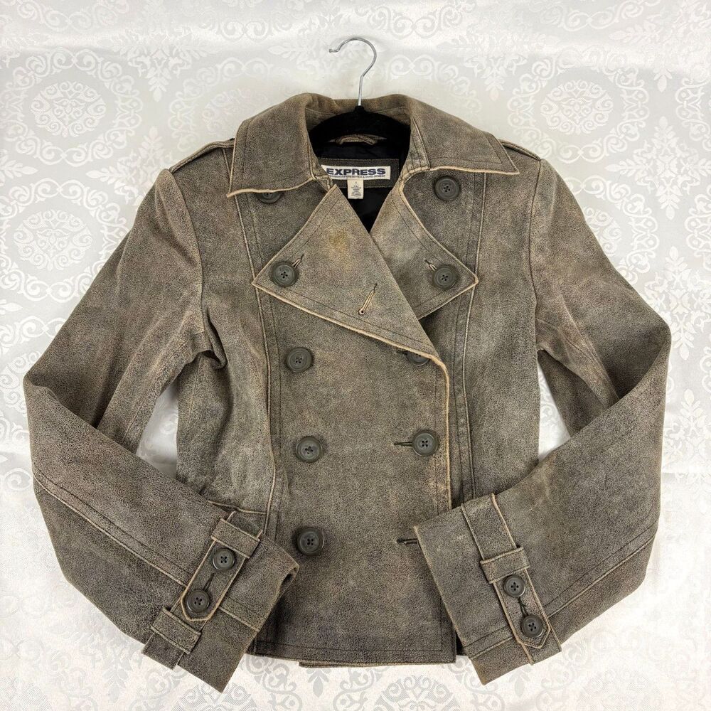 Express 100% Leather Jacket Moto Lined Military Grunge Y2K Indie Sleaze Size 2